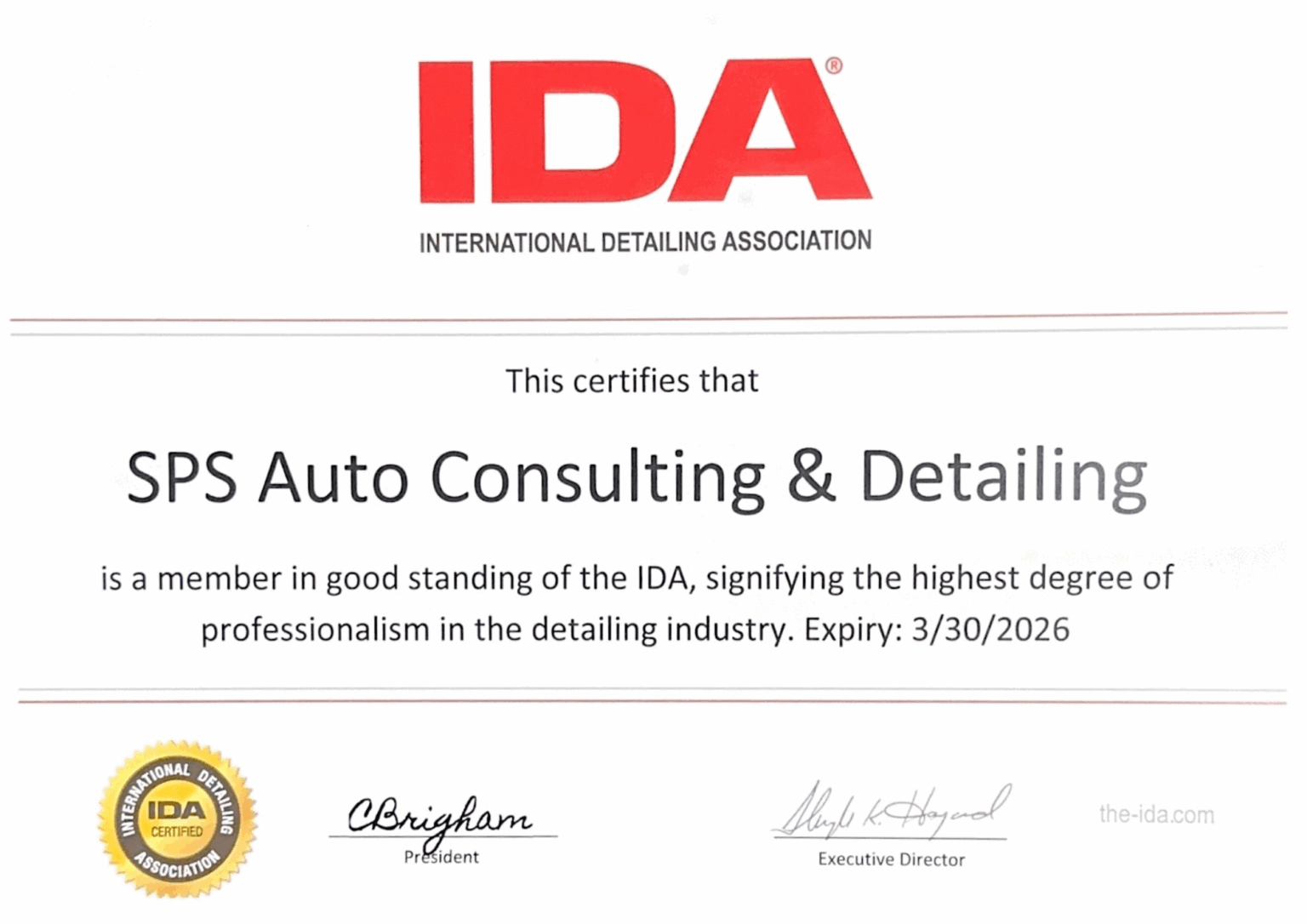SPS Autocare IDA Certificate